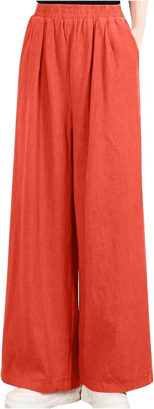 Women's Wide Leg Cotton Linen Pants High Waist Capri Casual Plus Size Elastic Waist Trousers for Daily