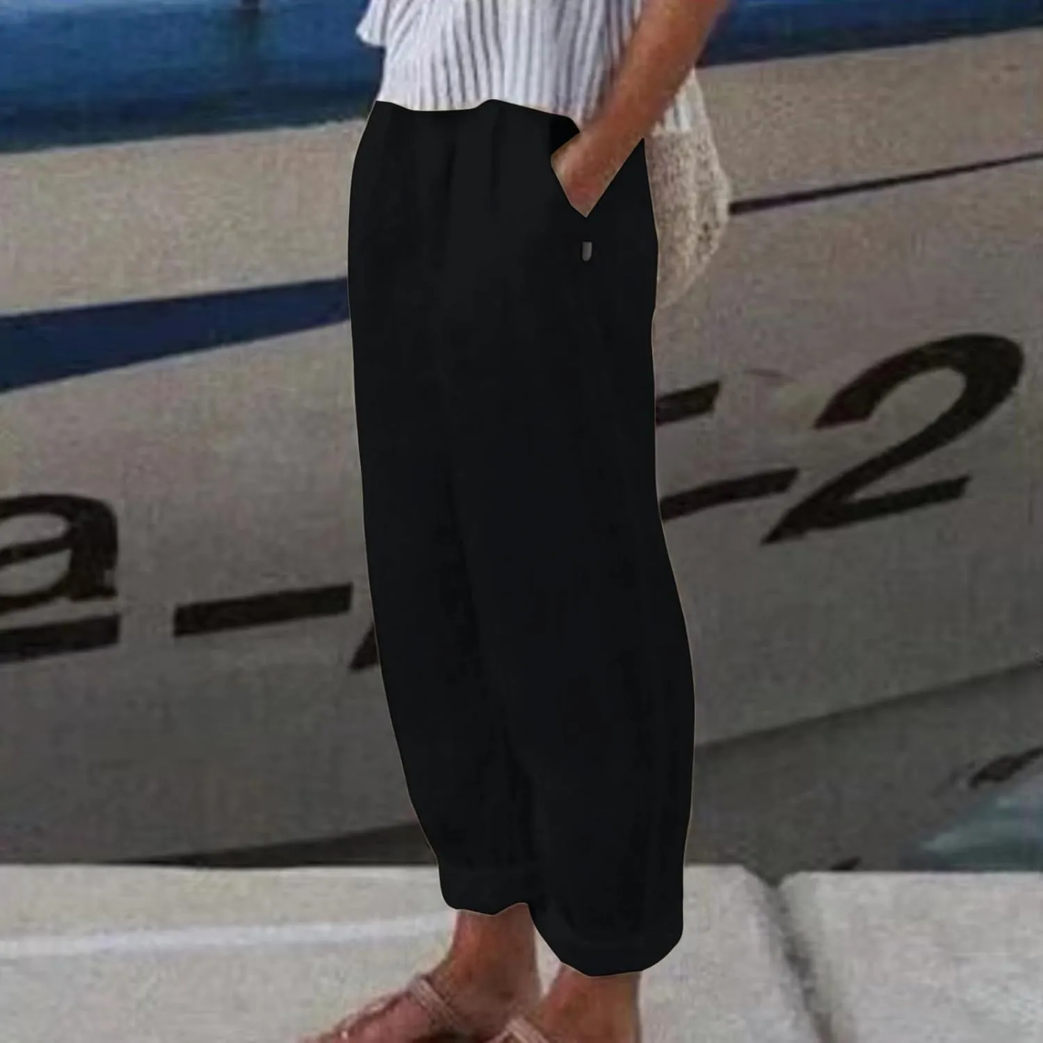 Womens Wide Leg Linen Pants Summer Beach Lounge Trousers Casual Fashion Solid Color Vacation Clothes for Women