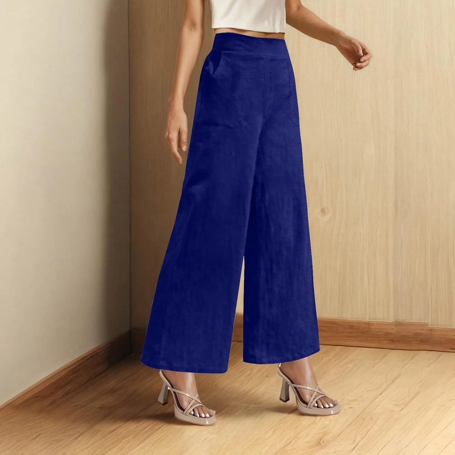 Women's Wide Leg Pants with Pockets Summer High Waisted Loose Linen Pants Plus Size Trendy Flowy Palazzo Trousers