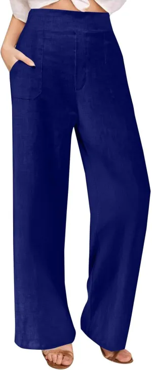 Women's Wide Leg Pants with Pockets Summer High Waisted Loose Linen Pants Plus Size Trendy Flowy Palazzo Trousers