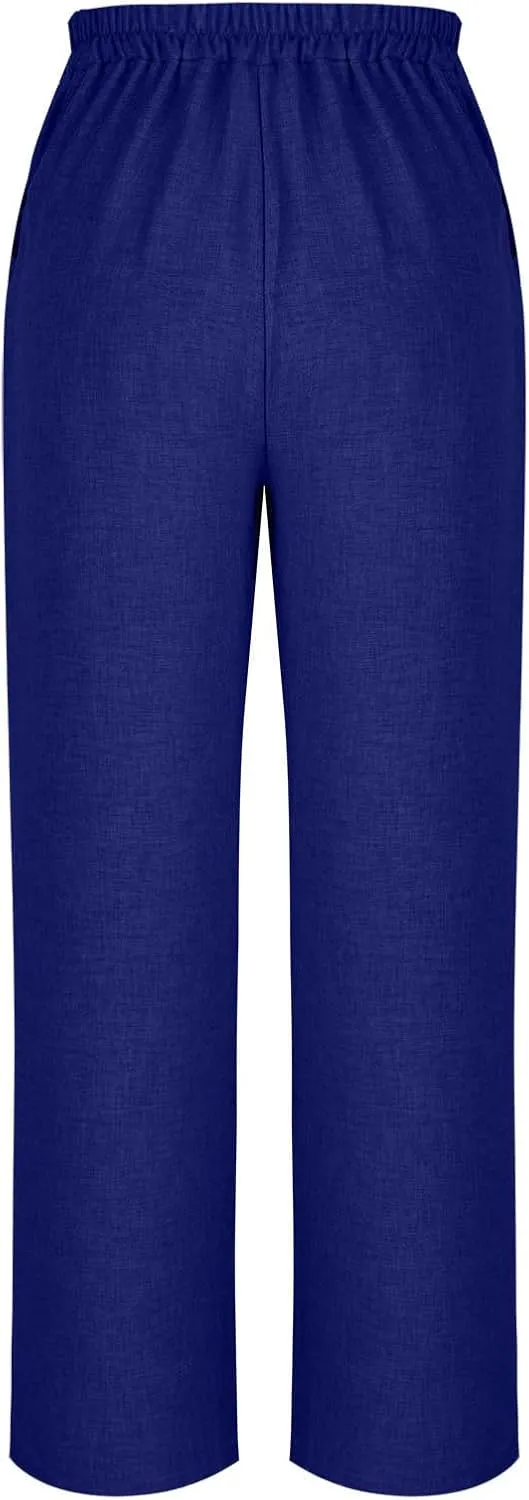 Women's Wide Leg Pants with Pockets Summer High Waisted Loose Linen Pants Plus Size Trendy Flowy Palazzo Trousers