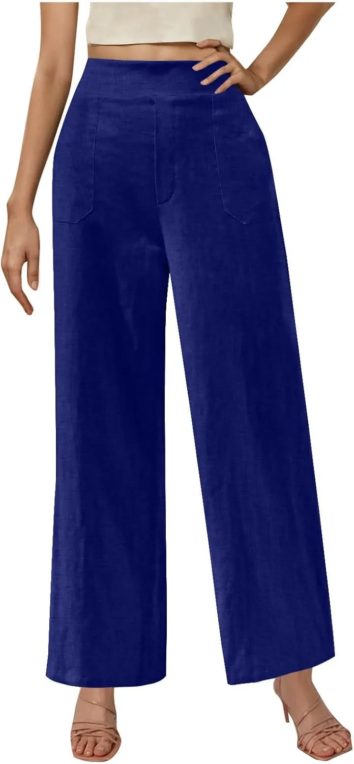 Women's Wide Leg Pants with Pockets Summer High Waisted Loose Linen Pants Plus Size Trendy Flowy Palazzo Trousers