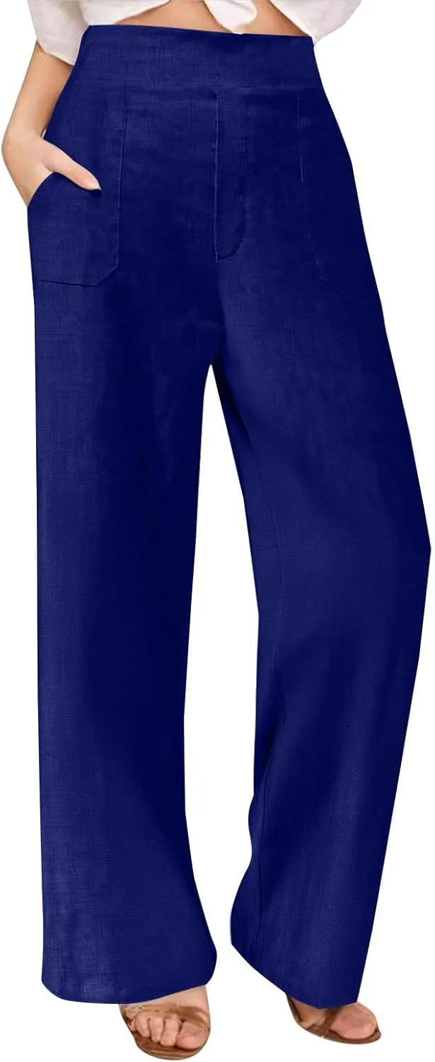 Women's Wide Leg Pants with Pockets Summer High Waisted Loose Linen Pants Plus Size Trendy Flowy Palazzo Trousers