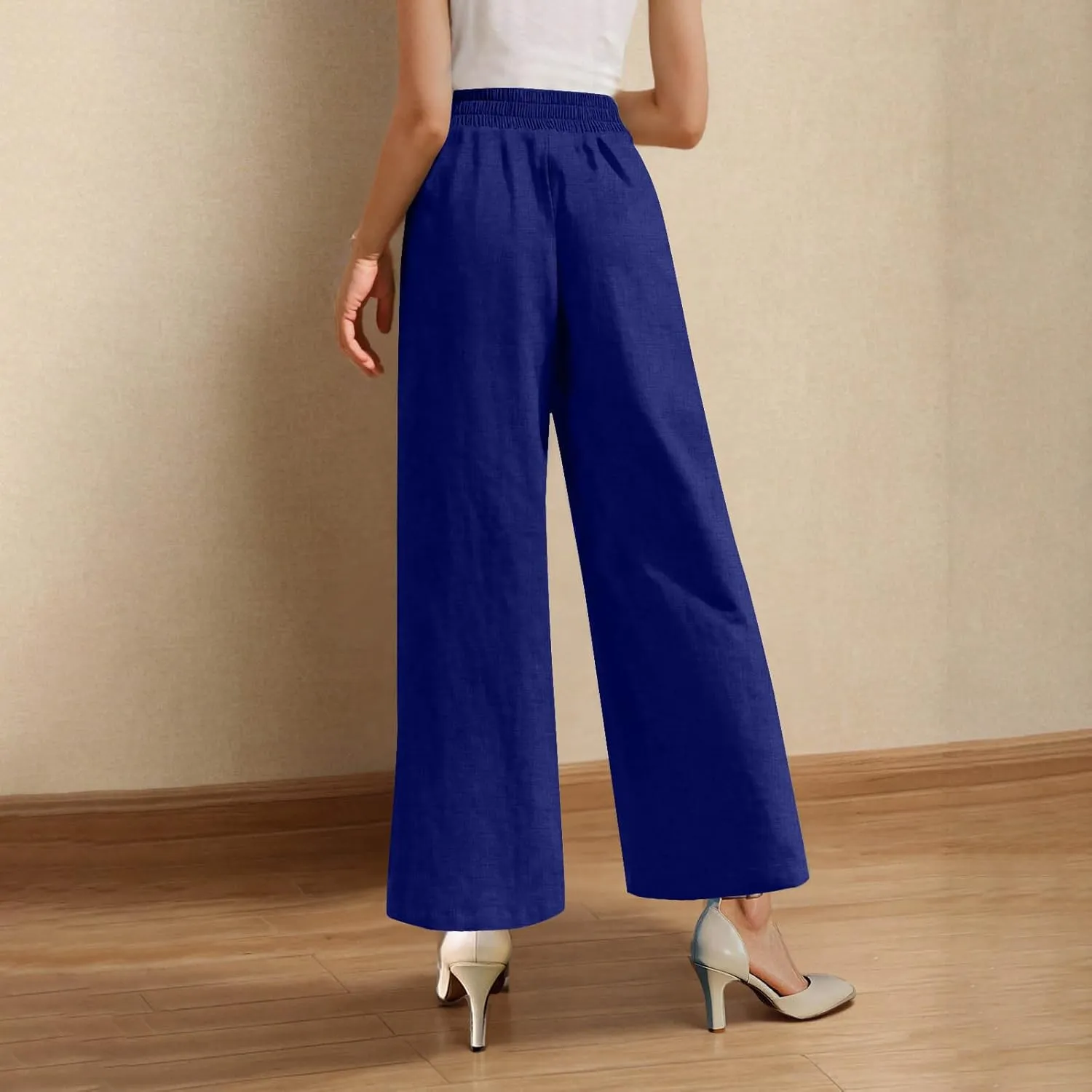 Women's Wide Leg Pants with Pockets Summer High Waisted Loose Linen Pants Plus Size Trendy Flowy Palazzo Trousers