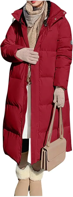 Women's Winter Over Knee Hooded Maxi Long Puffer Down Coat Long Winter Coats Zip Up Padded Coat Maxi Length Outerwear