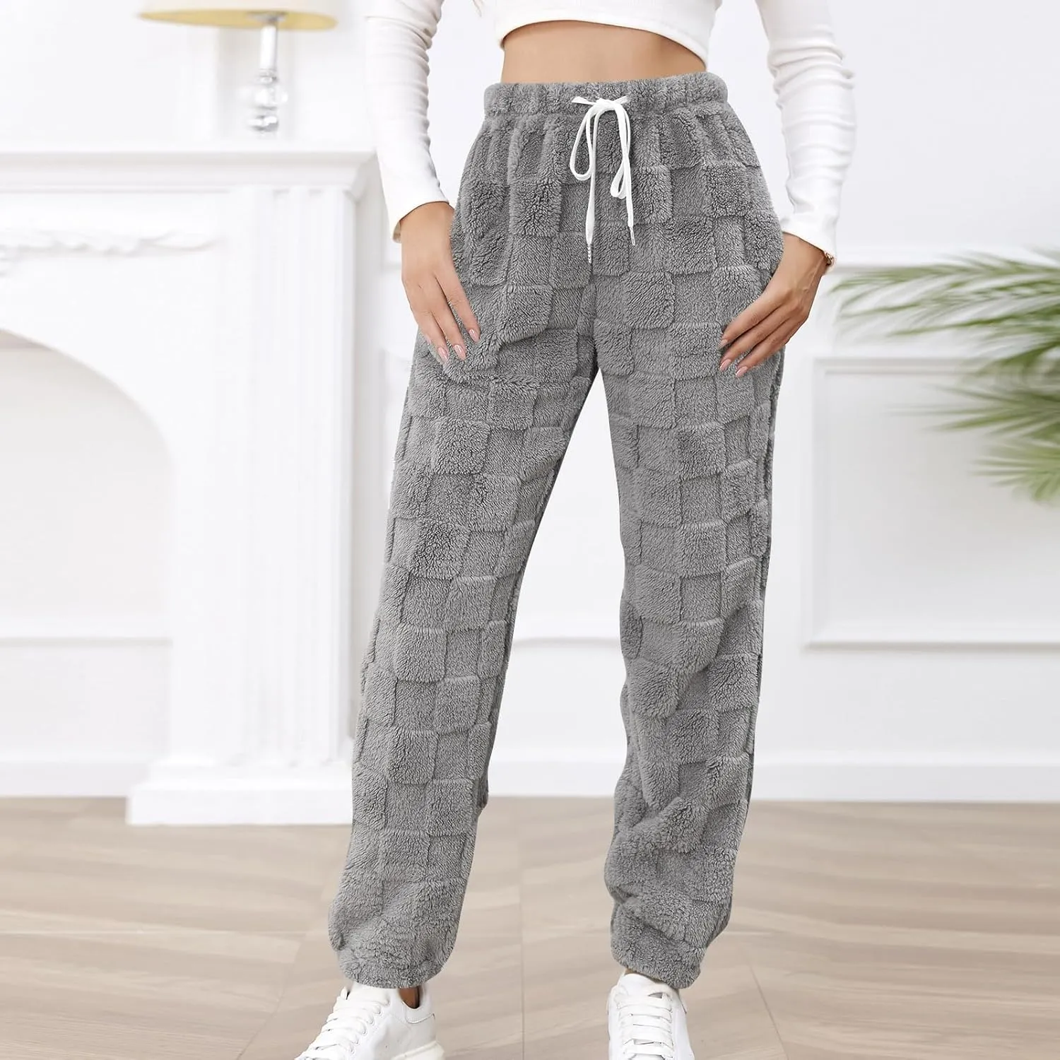 Women's Winter Warm Fleece Baggy Joggers Pants Sherpa Lined Sweatpants Jacquard Pajama Pants Plush Fuzzy Lounge Pants