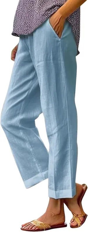 Women'sLounge Pants Women Solid Straight Solid Elastic Pants Long Drawstring Linen Women Lightweight Tapered Lounge