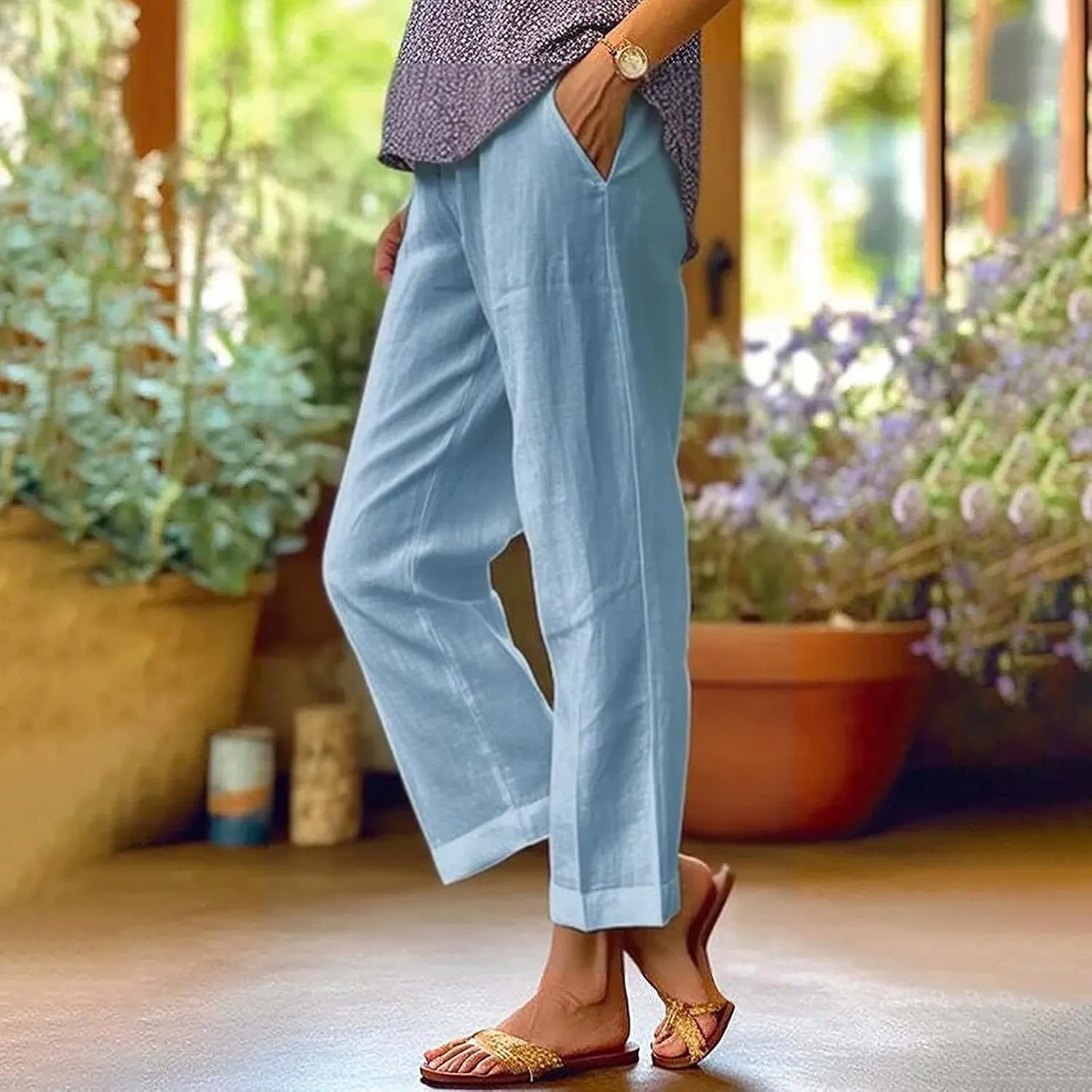 Women'sLounge Pants Women Solid Straight Solid Elastic Pants Long Drawstring Linen Women Lightweight Tapered Lounge