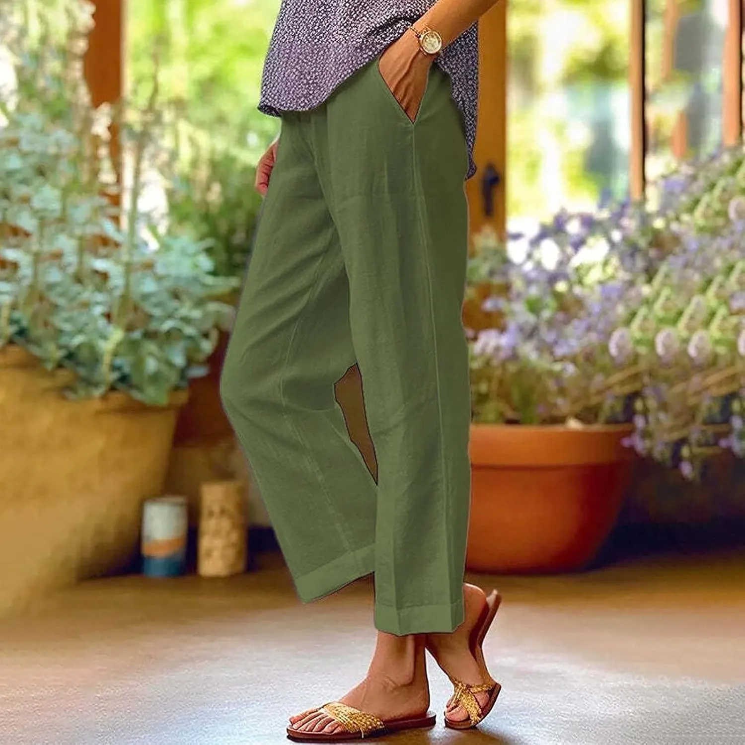 Women'sLounge Pants Women Solid Straight Solid Elastic Pants Long Drawstring Linen Women Lightweight Tapered Lounge