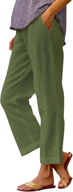 Women'sLounge Pants Women Solid Straight Solid Elastic Pants Long Drawstring Linen Women Lightweight Tapered Lounge