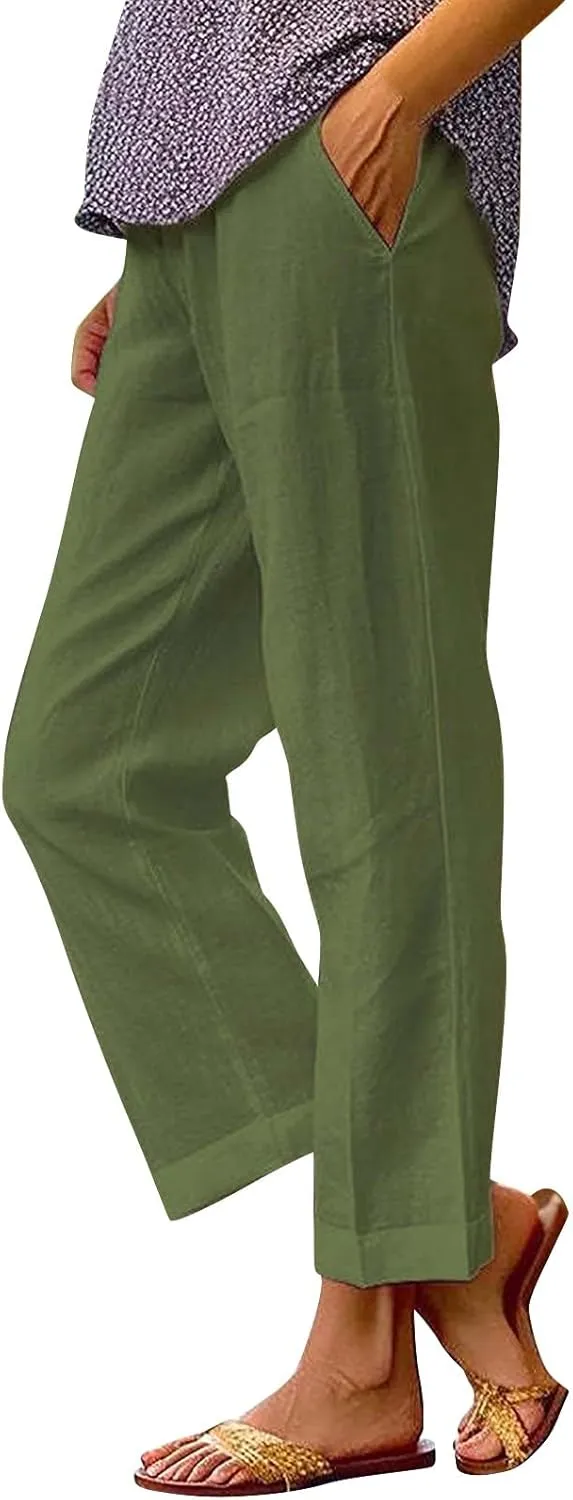 Women'sLounge Pants Women Solid Straight Solid Elastic Pants Long Drawstring Linen Women Lightweight Tapered Lounge