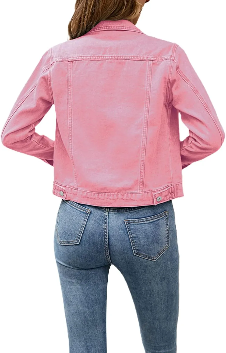 XBTCLXEBCO Women's Cropped Denim Jacket Long Sleeve Lapel Button Down Jean Coat Classic Trucker Jacket Distressed Shacket