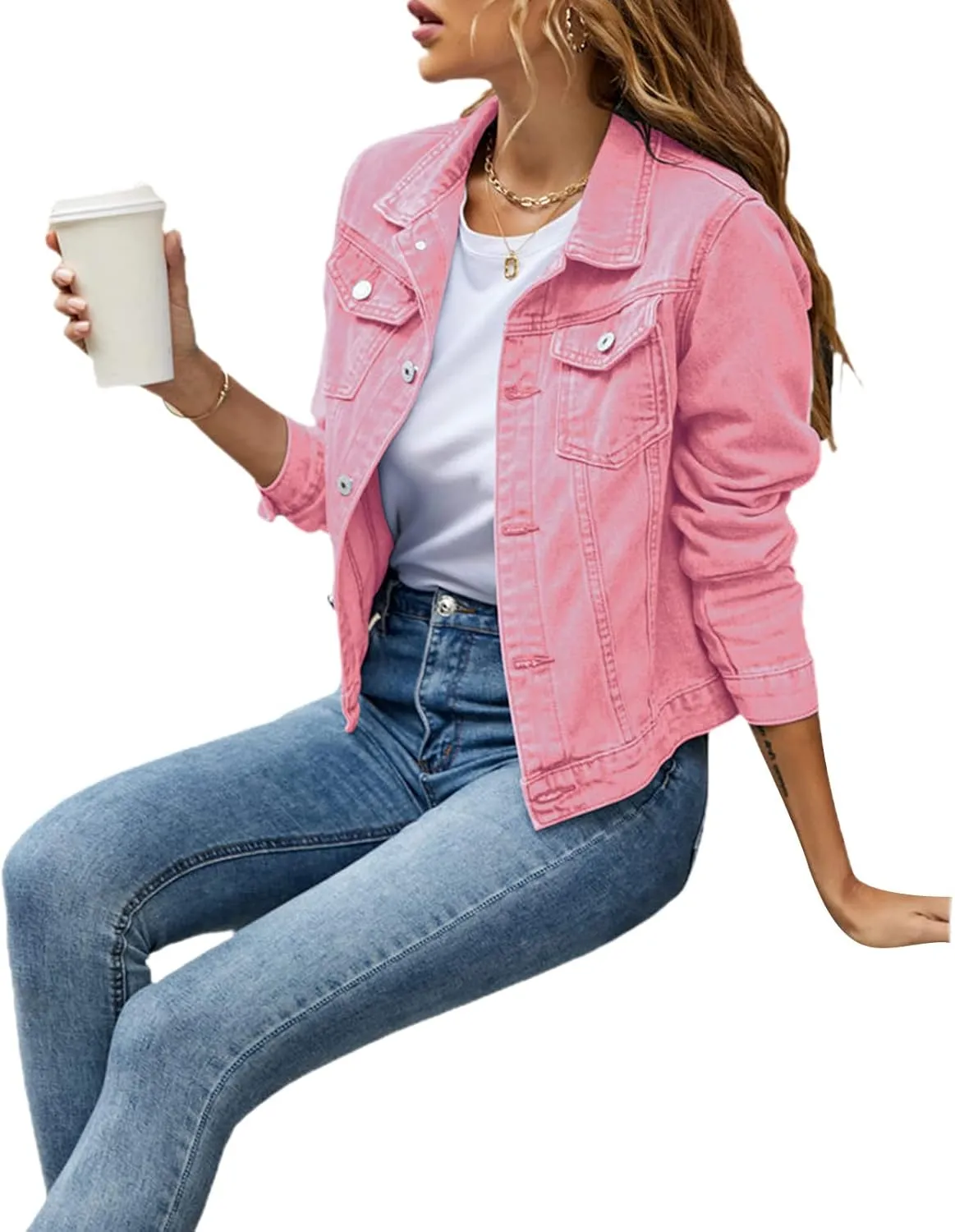 XBTCLXEBCO Women's Cropped Denim Jacket Long Sleeve Lapel Button Down Jean Coat Classic Trucker Jacket Distressed Shacket