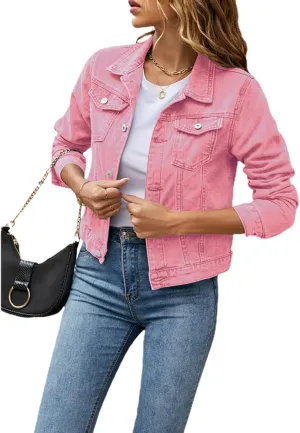 XBTCLXEBCO Women's Cropped Denim Jacket Long Sleeve Lapel Button Down Jean Coat Classic Trucker Jacket Distressed Shacket