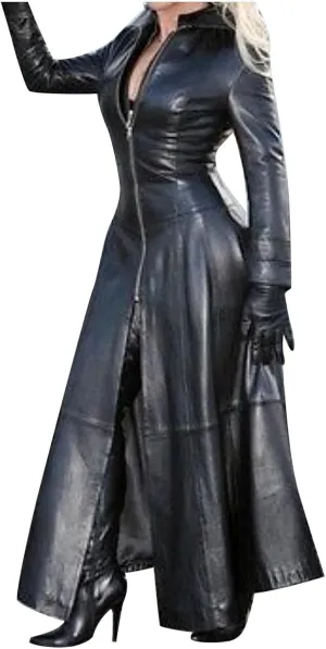 XUNRYAN Womens Faux Leather Long Jacket Victorian Steampunk Jackets Zipper Vintage Gothic Plus Size Maxi Long Trench Coat