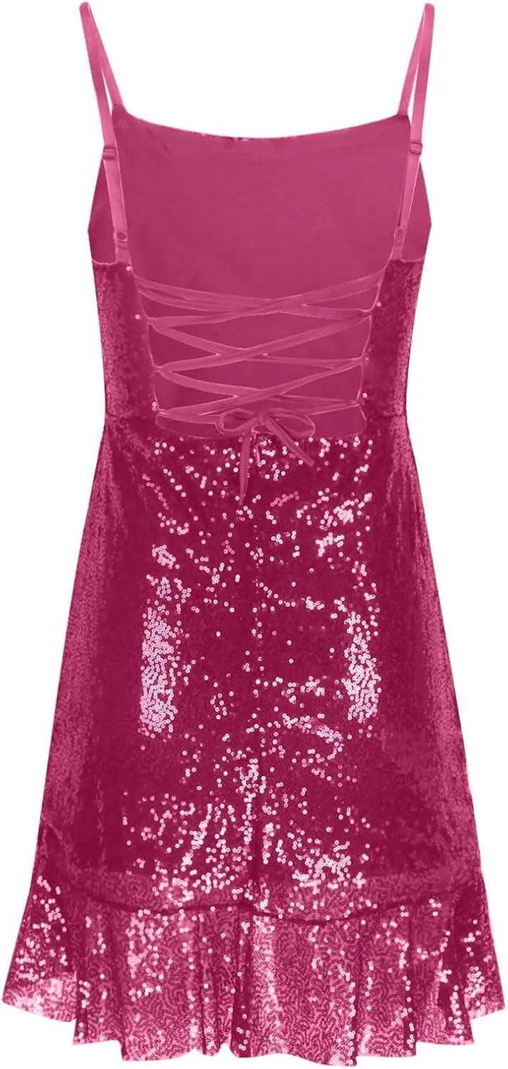 yardsong Party Dresses for Women 2025 Sexy Glitter Sequin Spaghetti Strap Dress Sparkle Ruffle Hem Party Club Mini Dresses