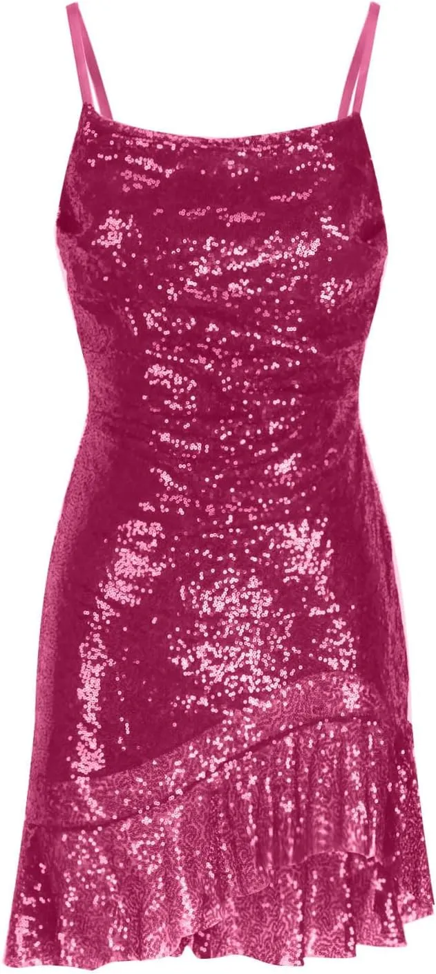 yardsong Party Dresses for Women 2025 Sexy Glitter Sequin Spaghetti Strap Dress Sparkle Ruffle Hem Party Club Mini Dresses