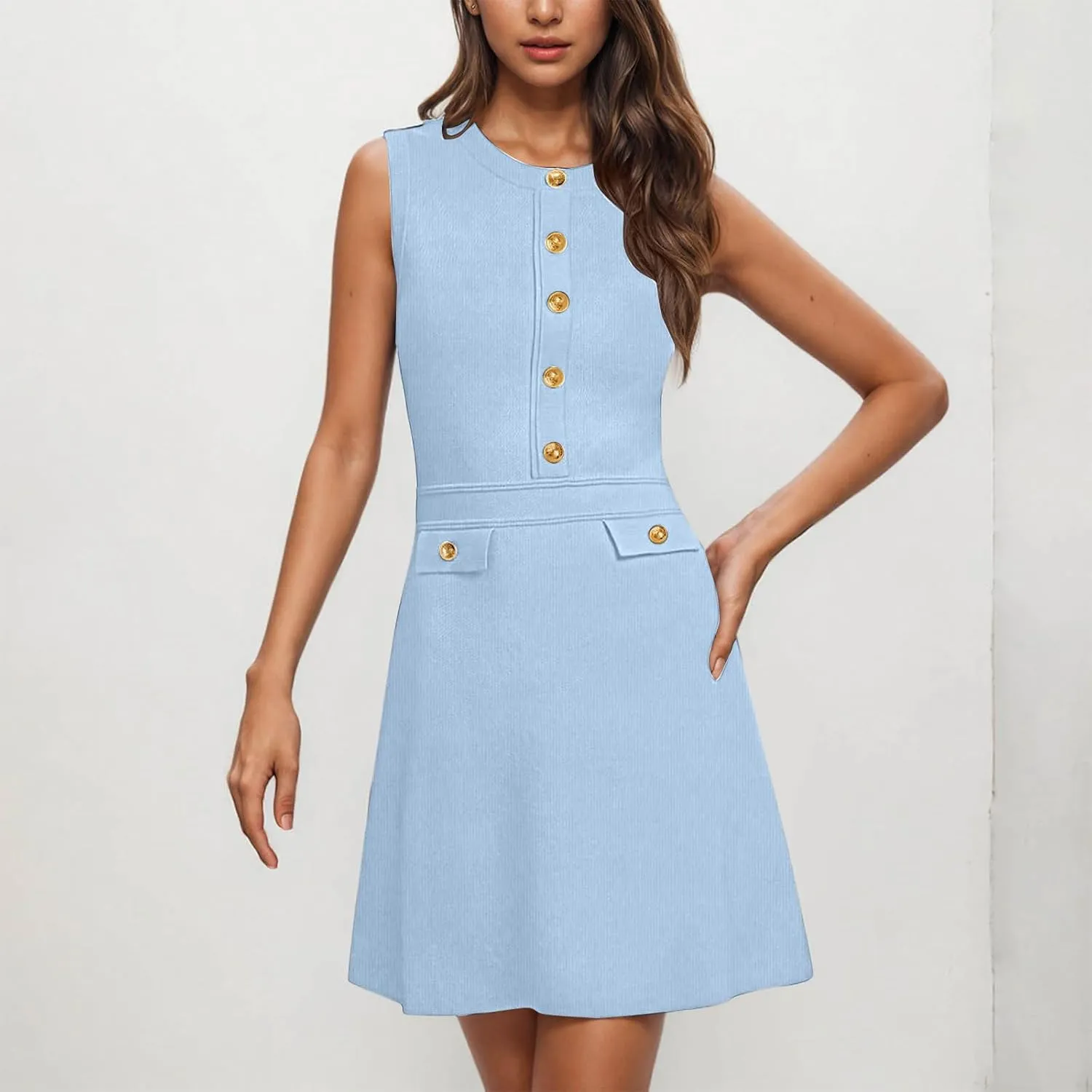 yardsong Summer Work Dresses for Women 2025 Business Casual Metal Buttons Decor Mini Dress Sleeveless Office Dresses