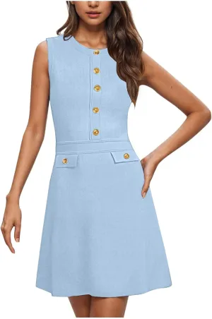 yardsong Summer Work Dresses for Women 2025 Business Casual Metal Buttons Decor Mini Dress Sleeveless Office Dresses