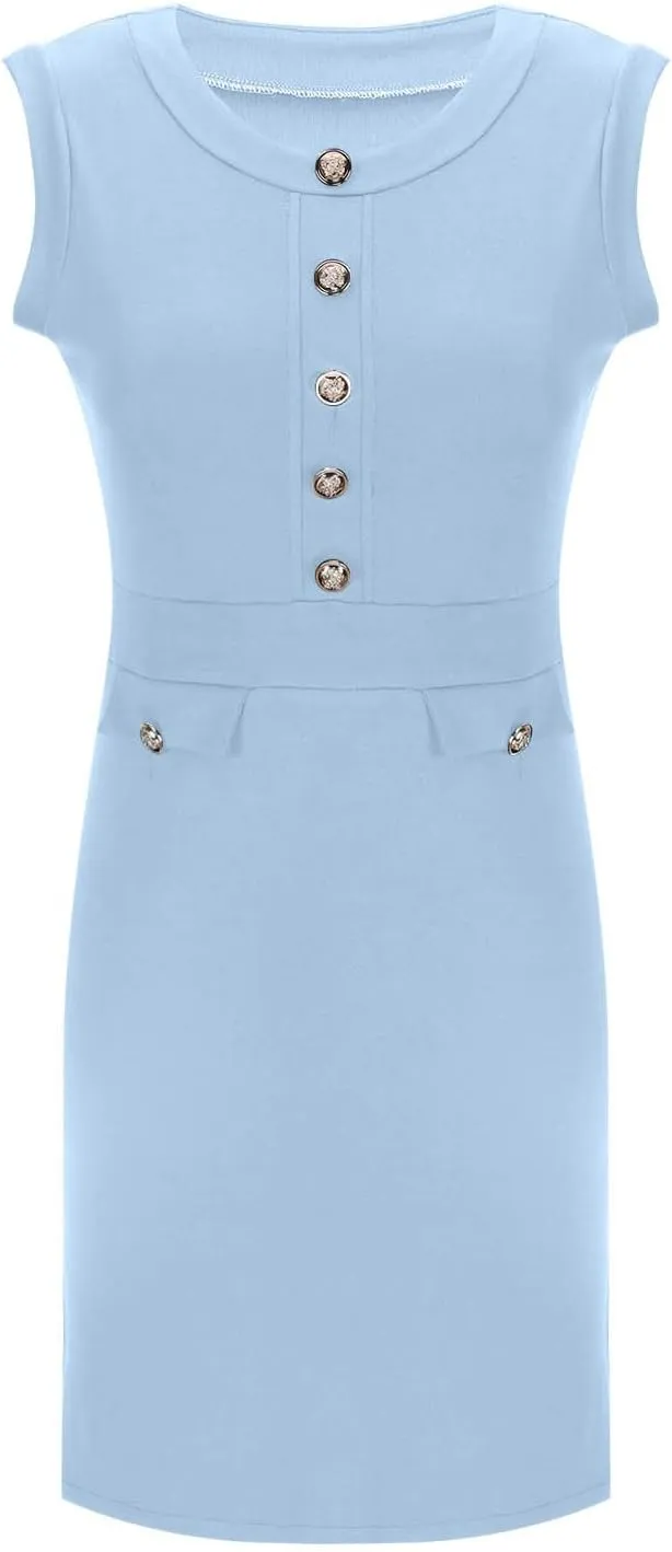 yardsong Summer Work Dresses for Women 2025 Business Casual Metal Buttons Decor Mini Dress Sleeveless Office Dresses