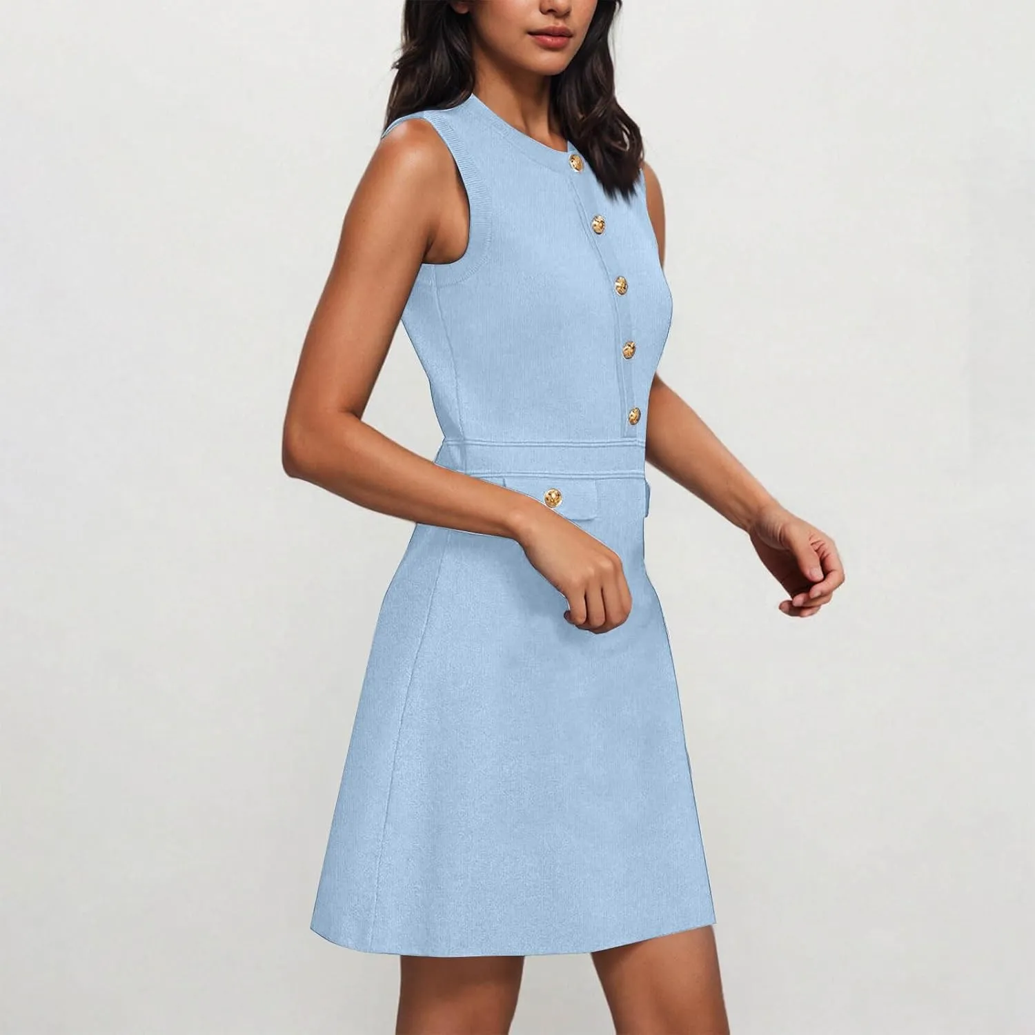 yardsong Summer Work Dresses for Women 2025 Business Casual Metal Buttons Decor Mini Dress Sleeveless Office Dresses