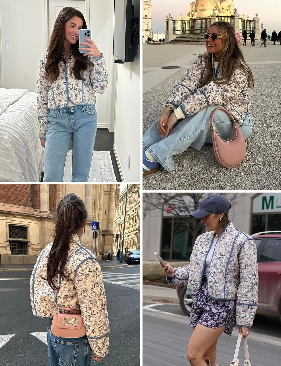 Yimoon Women's Quilted Jacket Lightweight Floral Print Cropped Puffer Coat Short Padded Open Front Winter Outwear