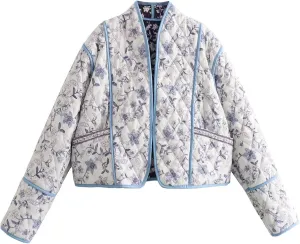 Yimoon Women's Quilted Jacket Lightweight Floral Print Cropped Puffer Coat Short Padded Open Front Winter Outwear