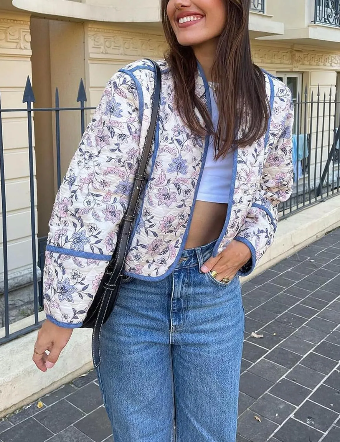 Yimoon Women's Quilted Jacket Lightweight Floral Print Cropped Puffer Coat Short Padded Open Front Winter Outwear