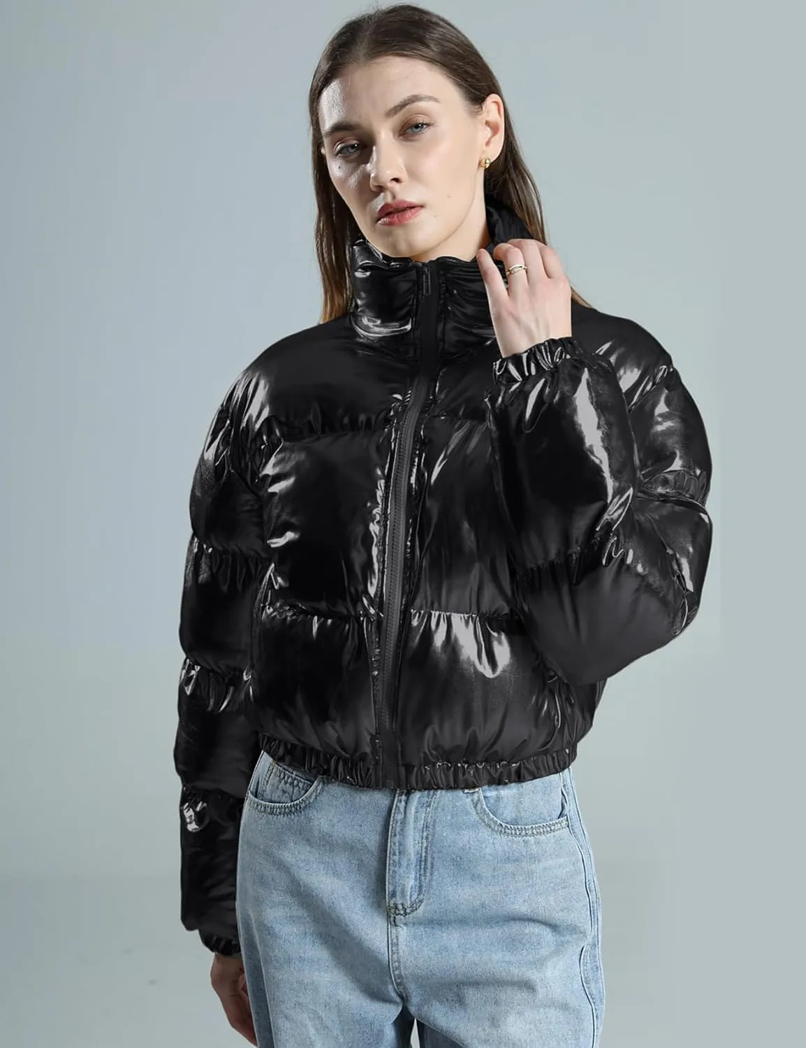 Yimoon Women's Y2k Winter Cropped Metallic Solid Color Padded Jacket Stand Collar Zip Up Shiny Puffer Coat