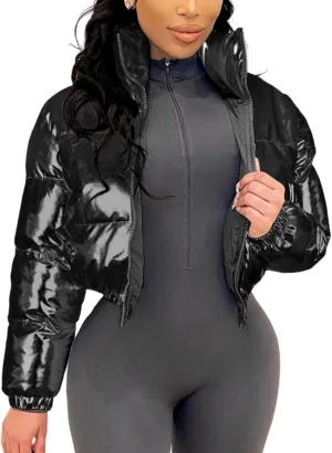 Yimoon Women's Y2k Winter Cropped Metallic Solid Color Padded Jacket Stand Collar Zip Up Shiny Puffer Coat