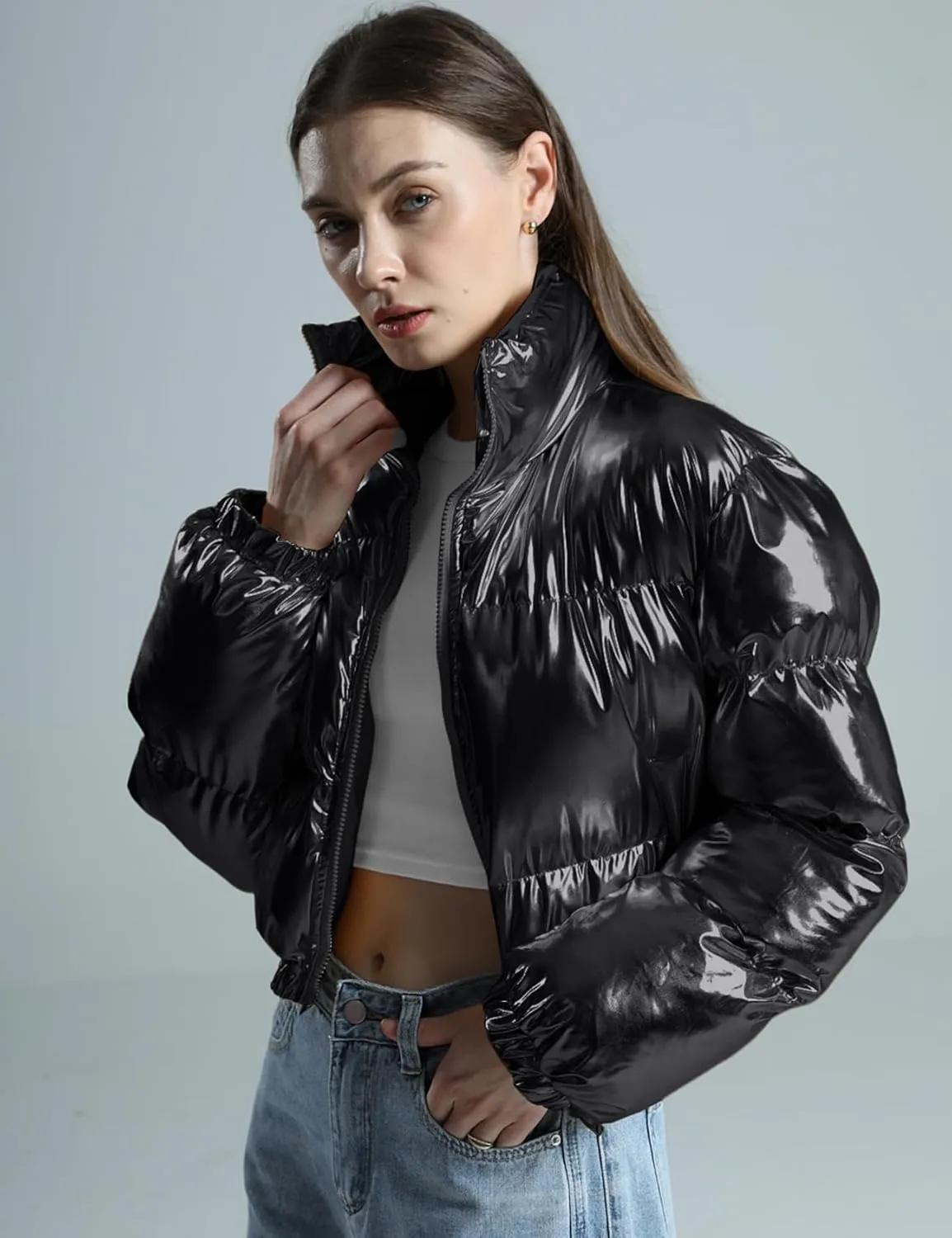 Yimoon Women's Y2k Winter Cropped Metallic Solid Color Padded Jacket Stand Collar Zip Up Shiny Puffer Coat
