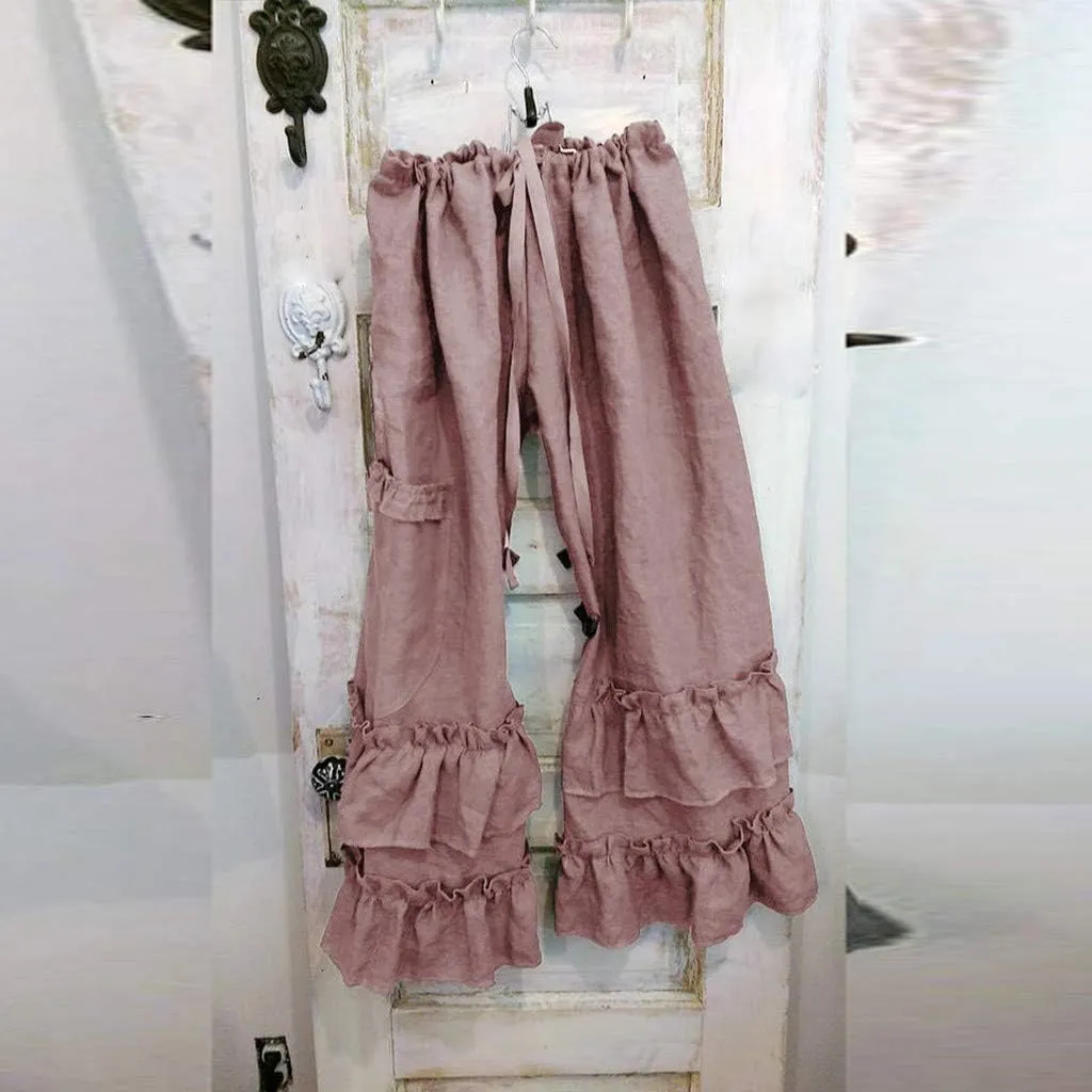 YOLAI Women Solid Cotton Linen Folds Trousers Casual Ruffled Loose Pants Drawstring Cropped Summer Beach Trousers