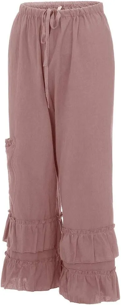 YOLAI Women Solid Cotton Linen Folds Trousers Casual Ruffled Loose Pants Drawstring Cropped Summer Beach Trousers