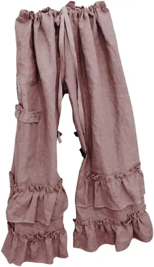 YOLAI Women Solid Cotton Linen Folds Trousers Casual Ruffled Loose Pants Drawstring Cropped Summer Beach Trousers