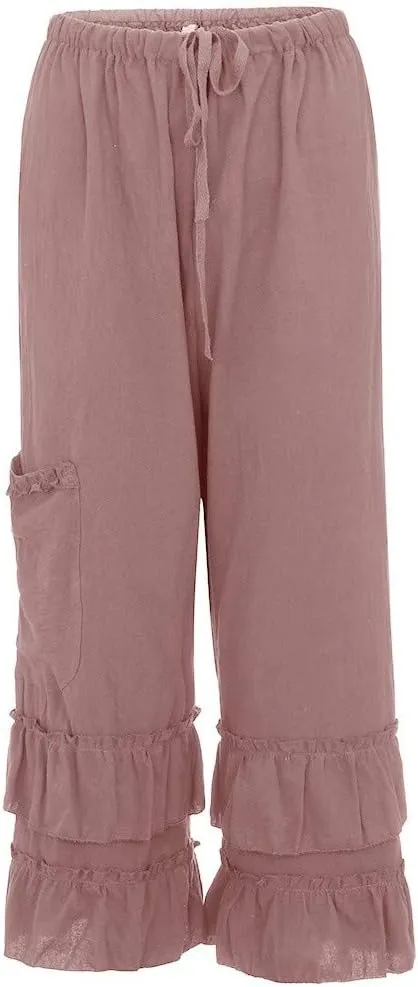 YOLAI Women Solid Cotton Linen Folds Trousers Casual Ruffled Loose Pants Drawstring Cropped Summer Beach Trousers