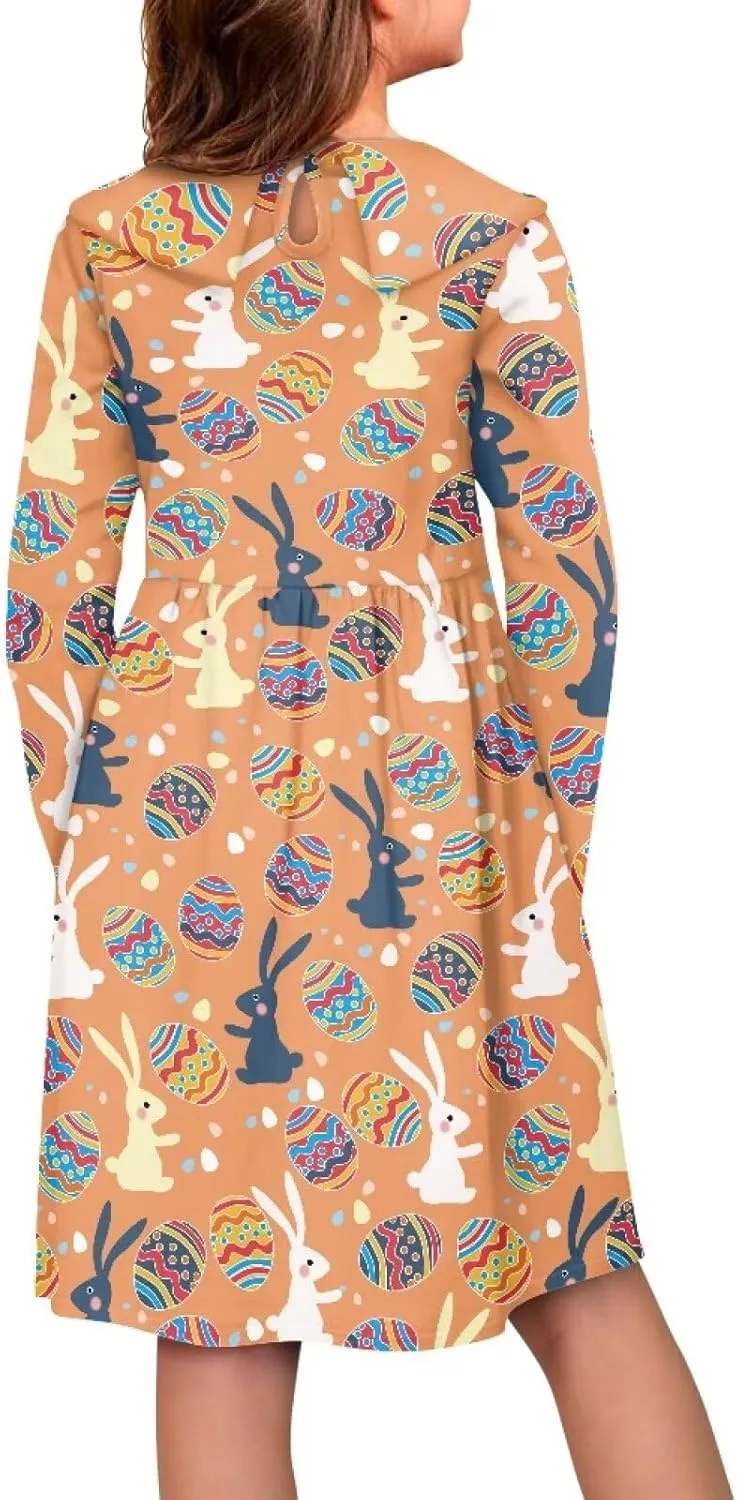Yzaoxia Girls Easter Dresses Long Sleeve Short Dress A-Line Midi Sundress Collared Sundresses Swing 3-14Y