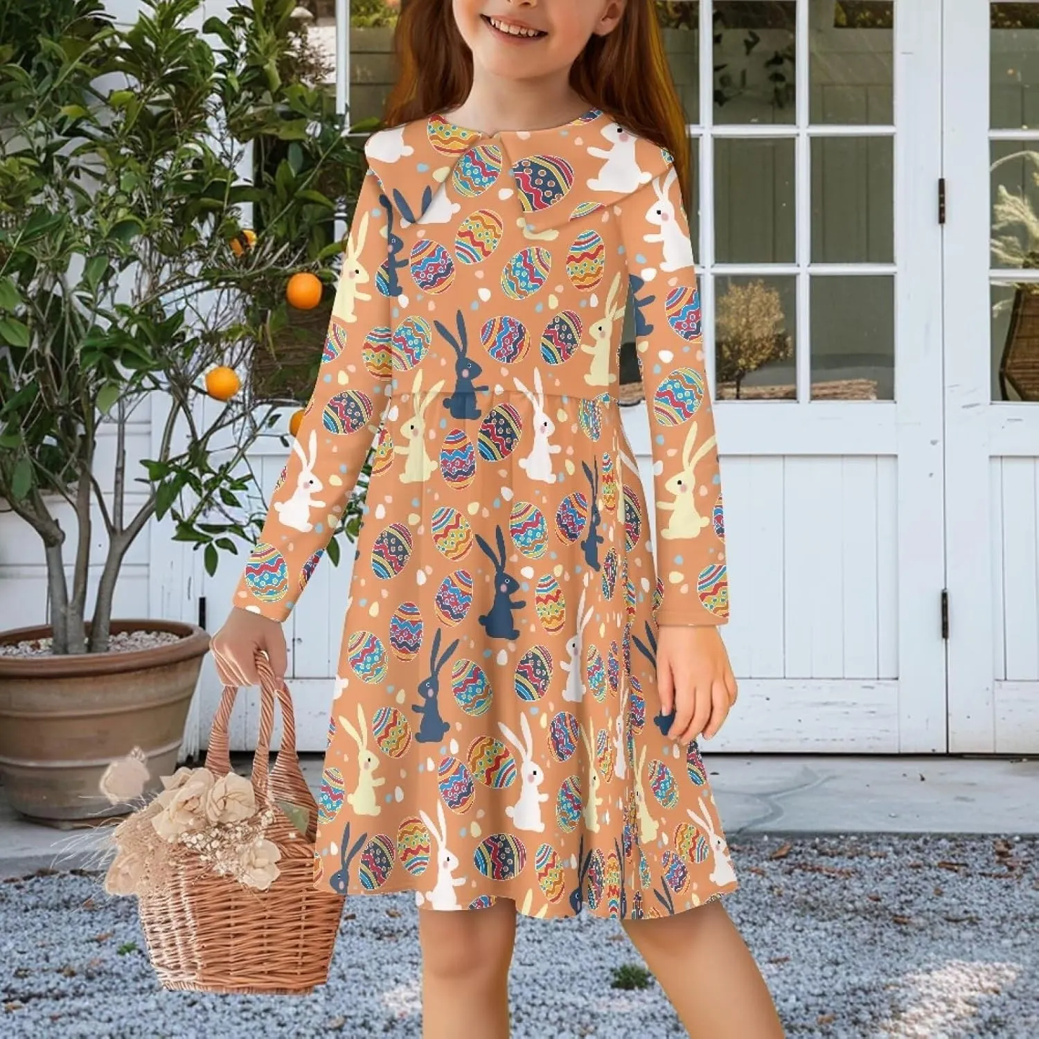 Yzaoxia Girls Easter Dresses Long Sleeve Short Dress A-Line Midi Sundress Collared Sundresses Swing 3-14Y