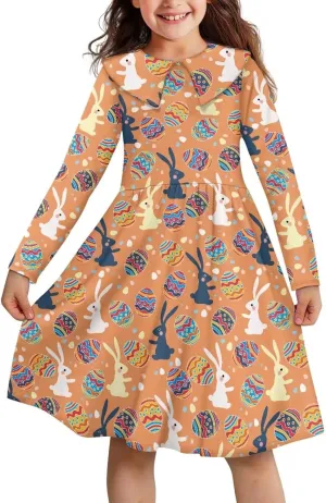 Yzaoxia Girls Easter Dresses Long Sleeve Short Dress A-Line Midi Sundress Collared Sundresses Swing 3-14Y
