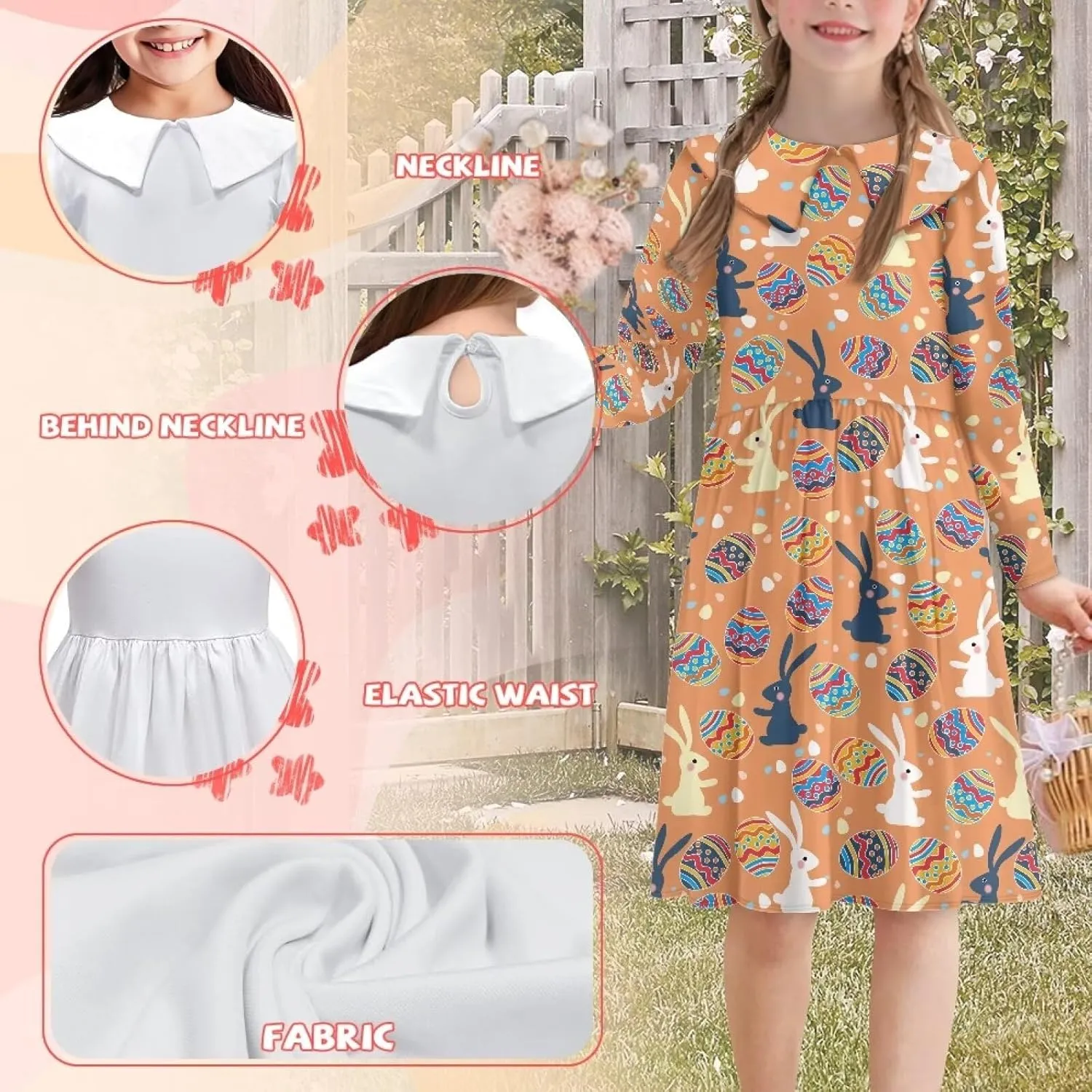 Yzaoxia Girls Easter Dresses Long Sleeve Short Dress A-Line Midi Sundress Collared Sundresses Swing 3-14Y