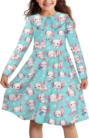 Yzaoxia Girls Long Sleeve Short Dress Collared Dresses Midi Sundress A-Line One Piece Sundresses Ruffle 3-14Y