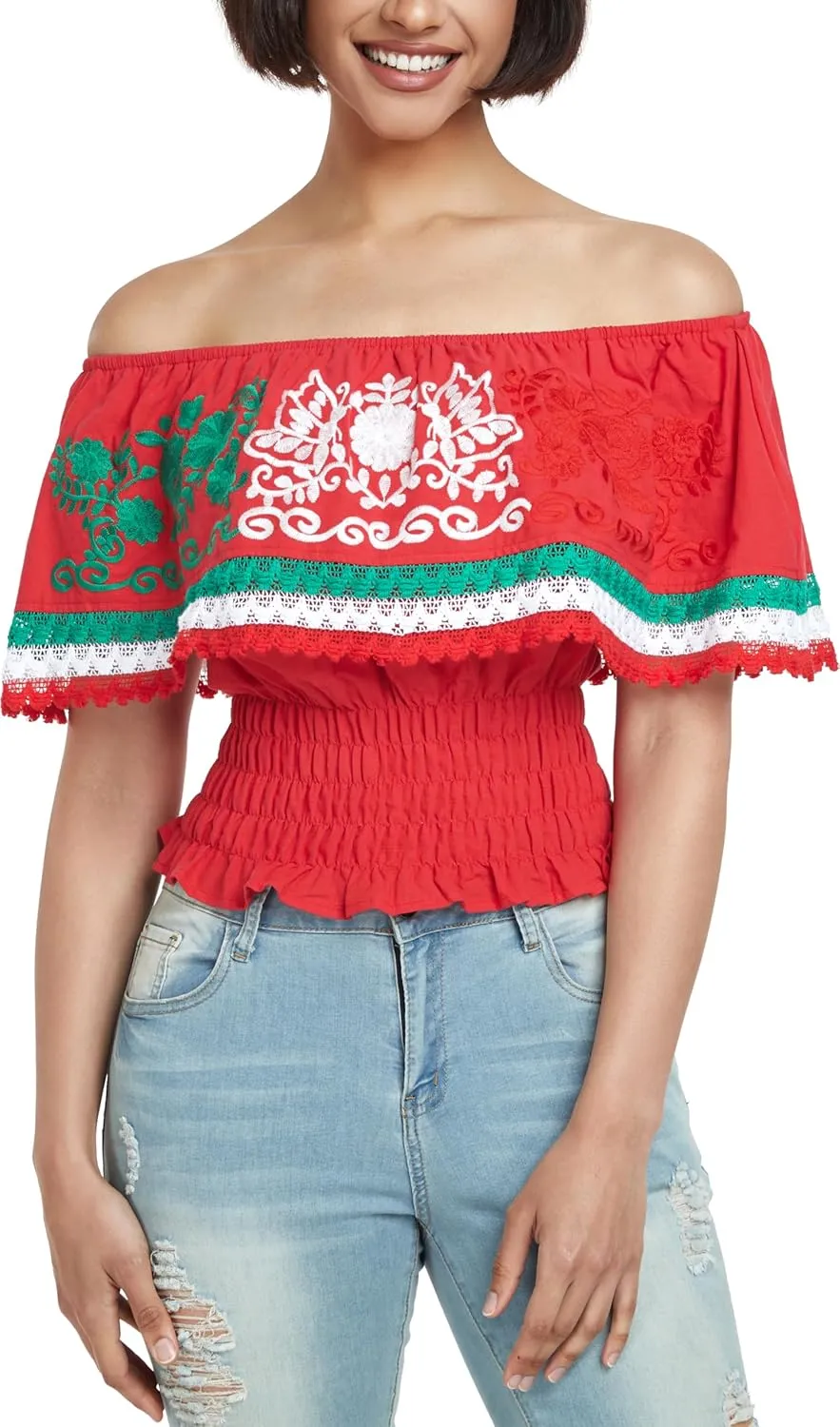 YZXDORWJ Women Mexican Embroidered Off-Shoulder Shirt Lace Falbala Top
