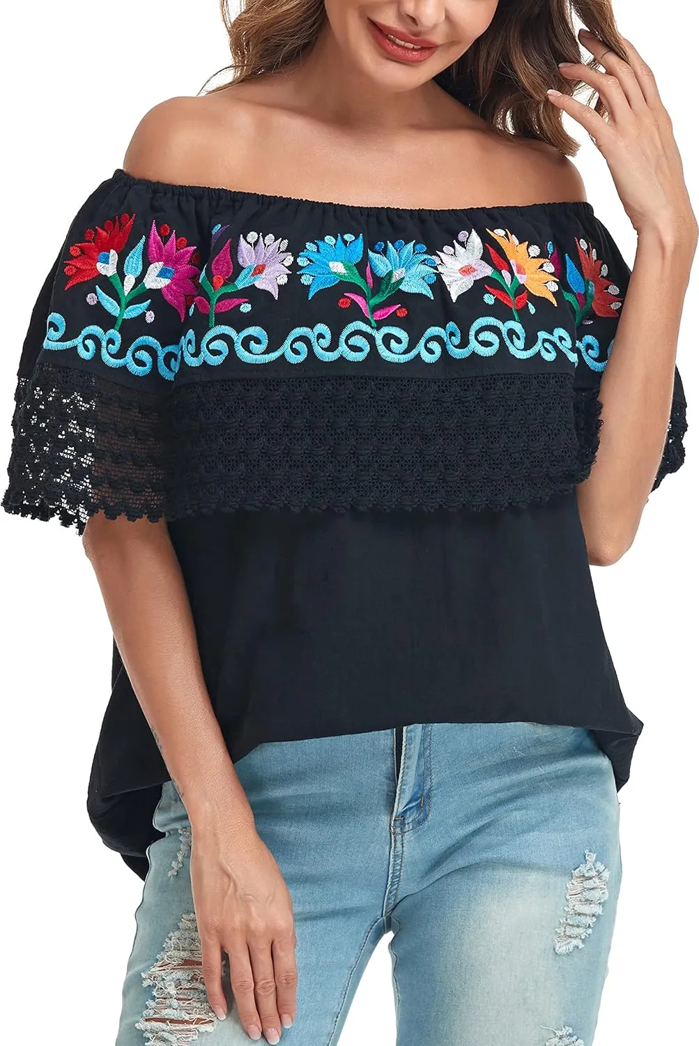 YZXDORWJ Women Mexican Embroidered Off-Shoulder Shirt Lace Falbala Top