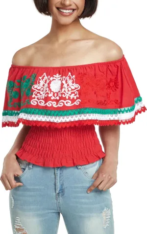 YZXDORWJ Women Mexican Embroidered Off-Shoulder Shirt Lace Falbala Top