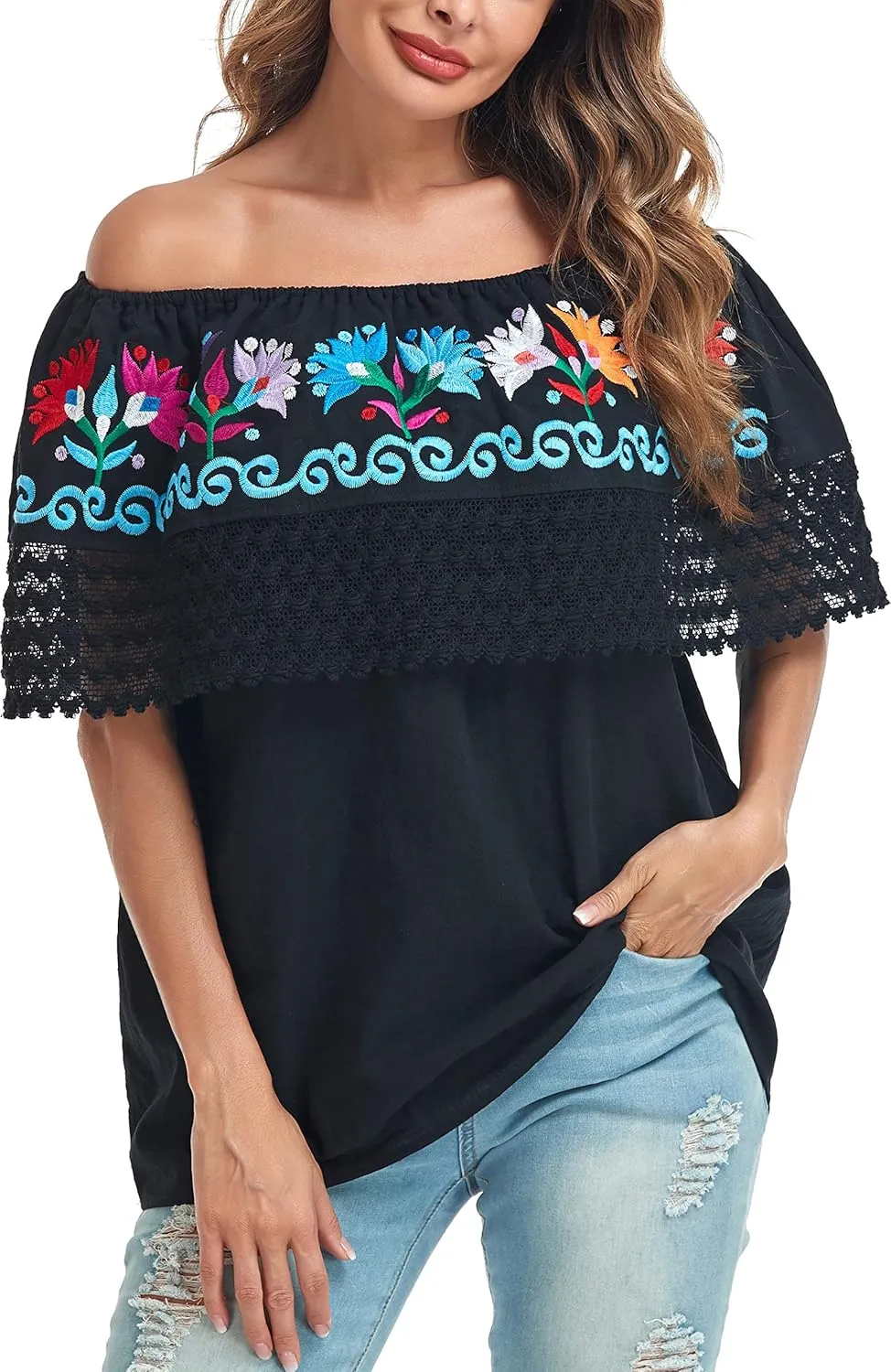 YZXDORWJ Women Mexican Embroidered Off-Shoulder Shirt Lace Falbala Top