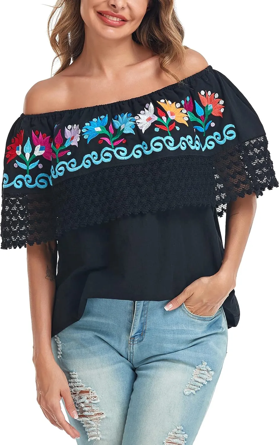 YZXDORWJ Women Mexican Embroidered Off-Shoulder Shirt Lace Falbala Top
