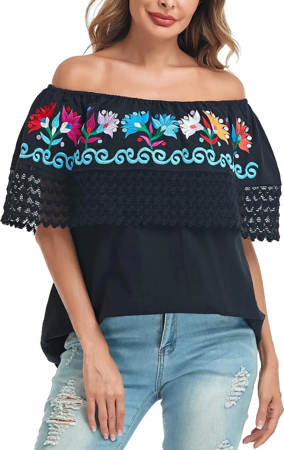 YZXDORWJ Women Mexican Embroidered Off-Shoulder Shirt Lace Falbala Top