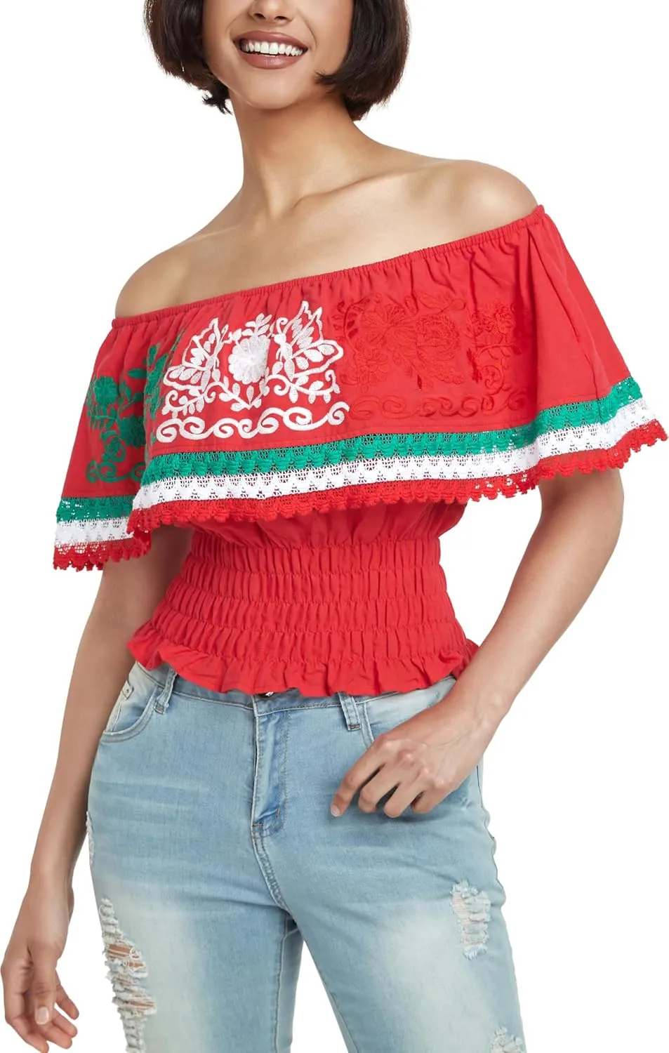 YZXDORWJ Women Mexican Embroidered Off-Shoulder Shirt Lace Falbala Top