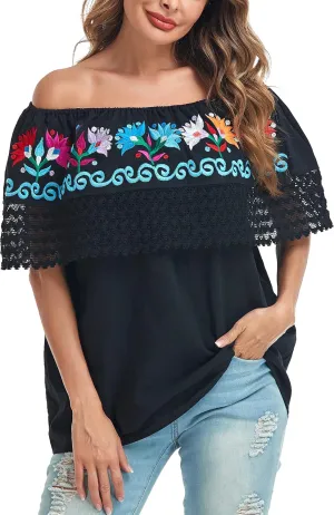YZXDORWJ Women Mexican Embroidered Off-Shoulder Shirt Lace Falbala Top