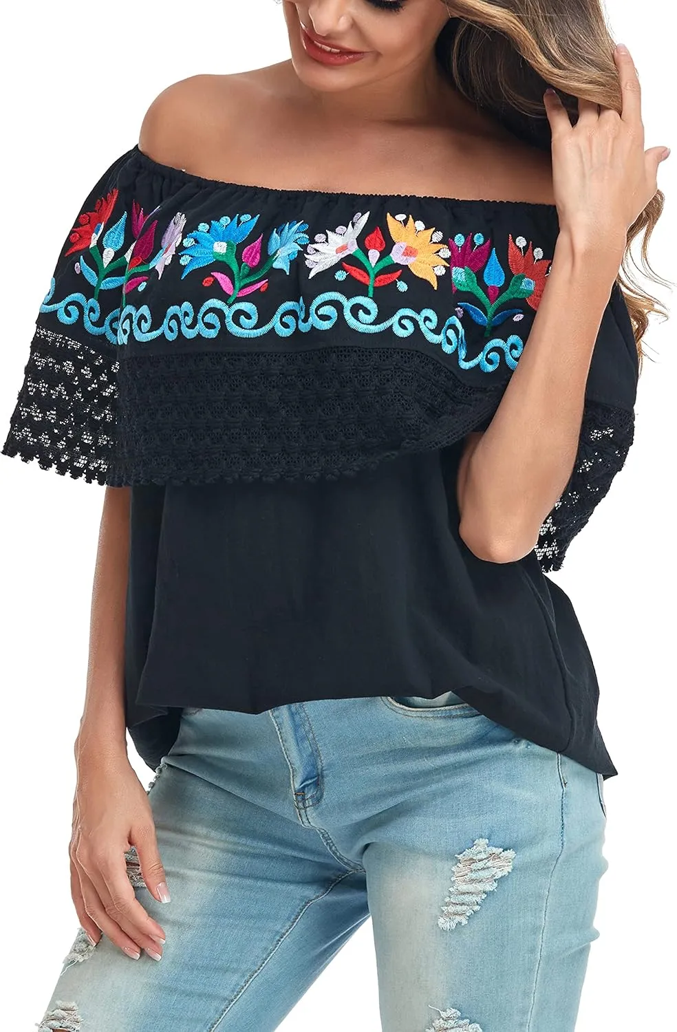 YZXDORWJ Women Mexican Embroidered Off-Shoulder Shirt Lace Falbala Top
