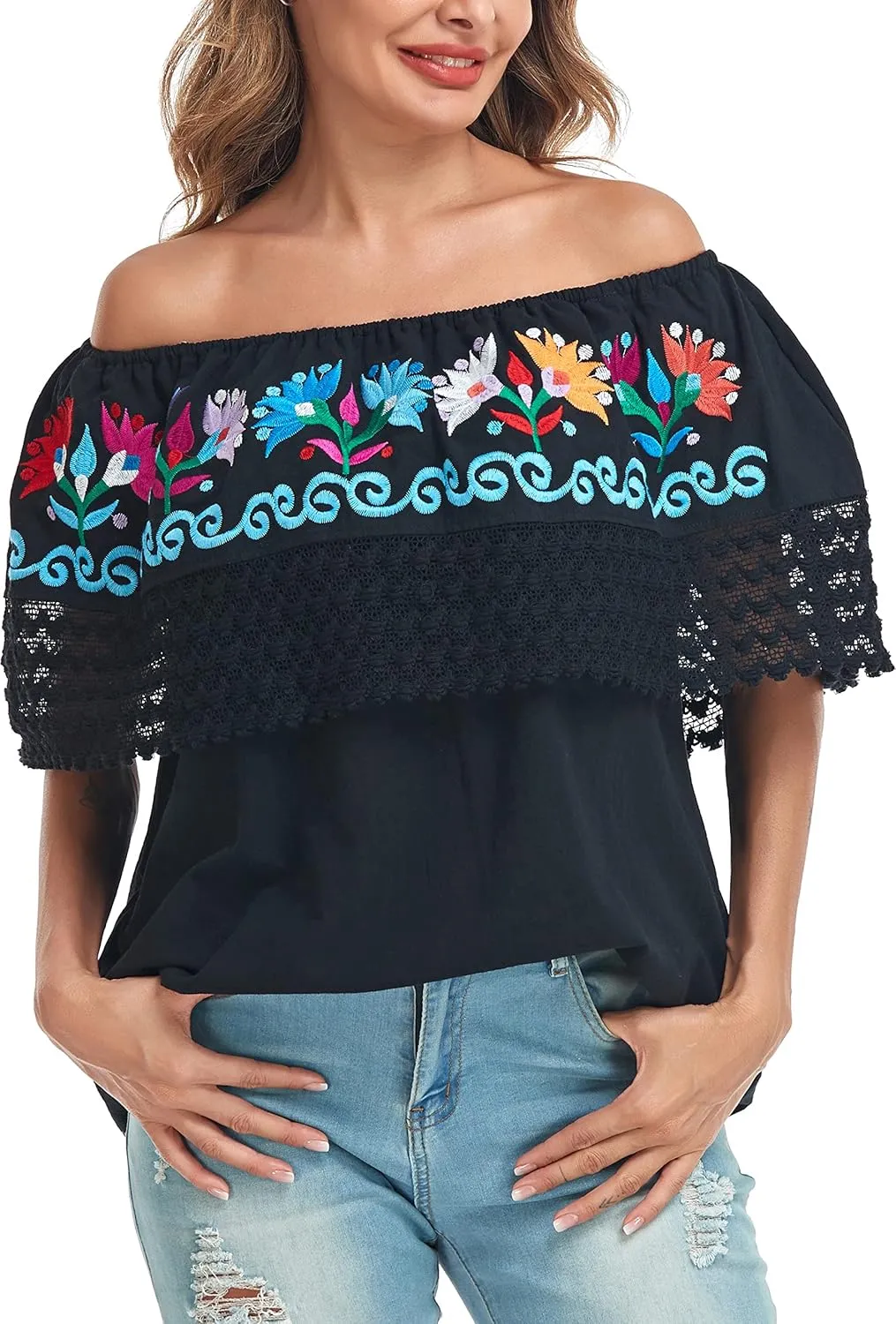 YZXDORWJ Women Mexican Embroidered Off-Shoulder Shirt Lace Falbala Top